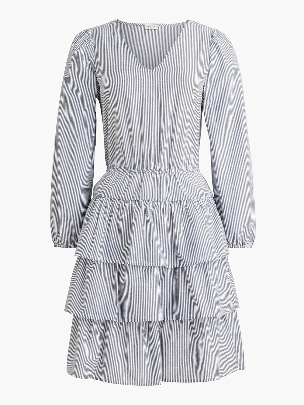 J. Crew Blue and White Striped Tiered Long-Sleeve Dress
